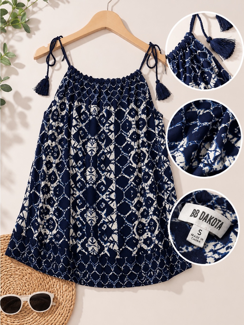 BB Dakota Small Navy White Printed Tassel Tie Sleeveless Boho Tank Top